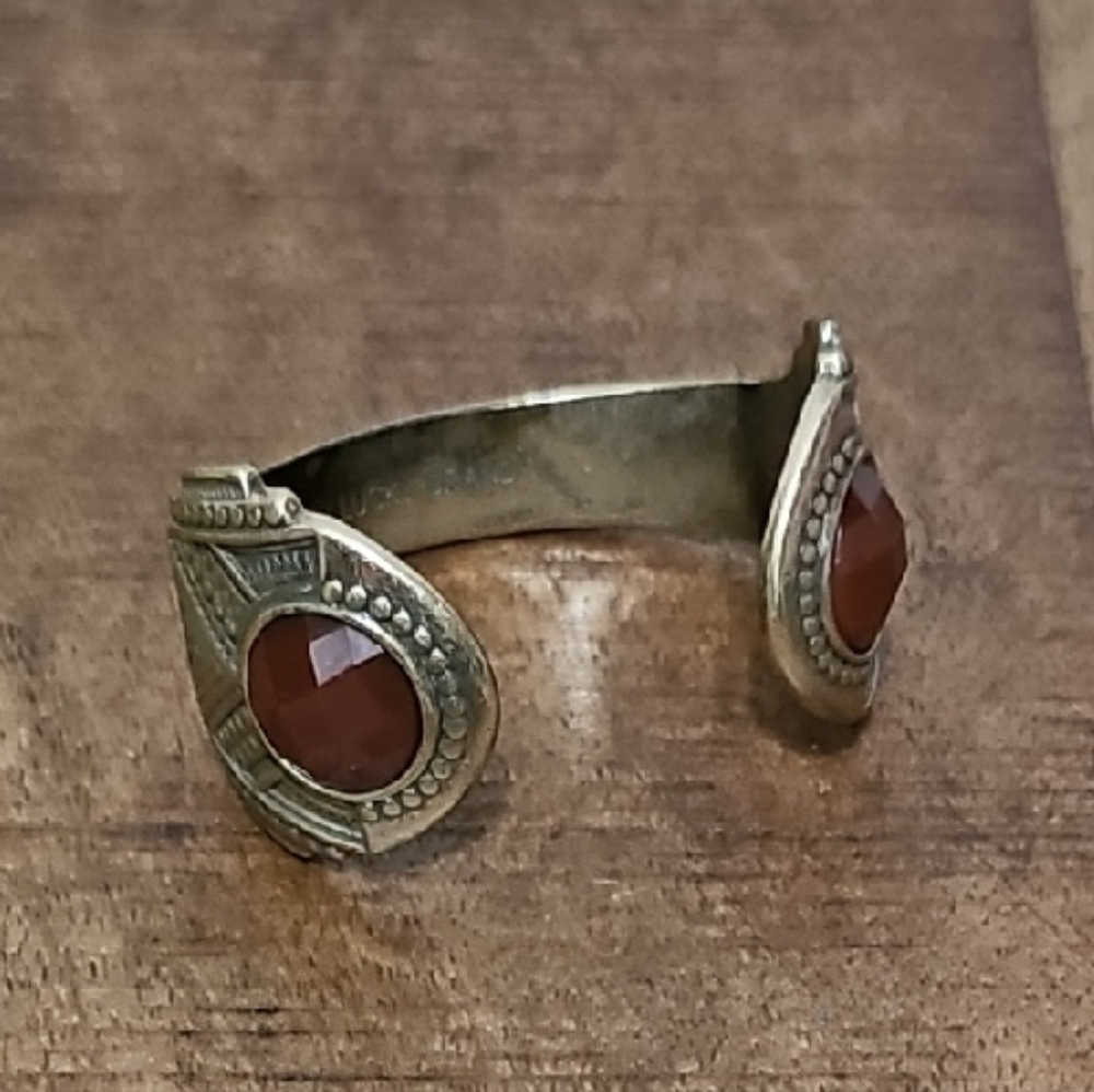 Lucky Brand Gold-Tone Open Cuff Bracelet with Faceted Brown-Red Stones